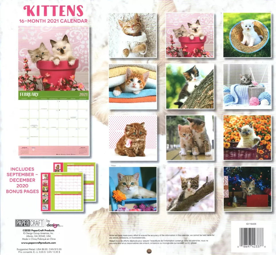 2021 16 Month Wall Calendar - Kittens - with 100 Reminder Stickers