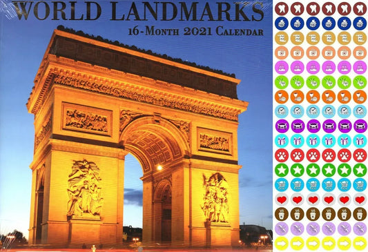 2021 16 Month Wall Calendar - World Landmarks - with 100 Reminder Stickers