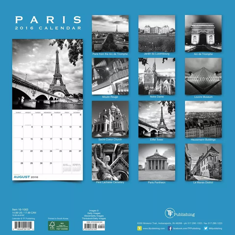 2016 Paris Wall Calendar