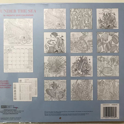 2019 Coloring for Adults Finding Solace Under The Sea 16 mo Wall Calendar