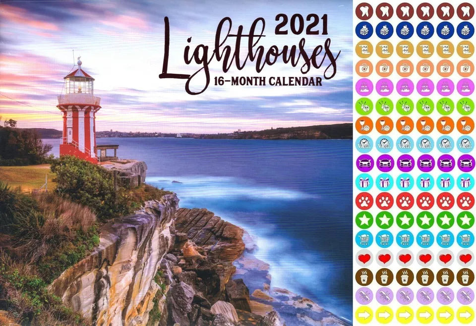 2021 16 Month Wall Calendar - Lighthouses - with 100 Reminder Stickers
