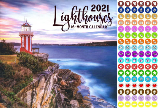 2021 16 Month Wall Calendar - Lighthouses - with 100 Reminder Stickers