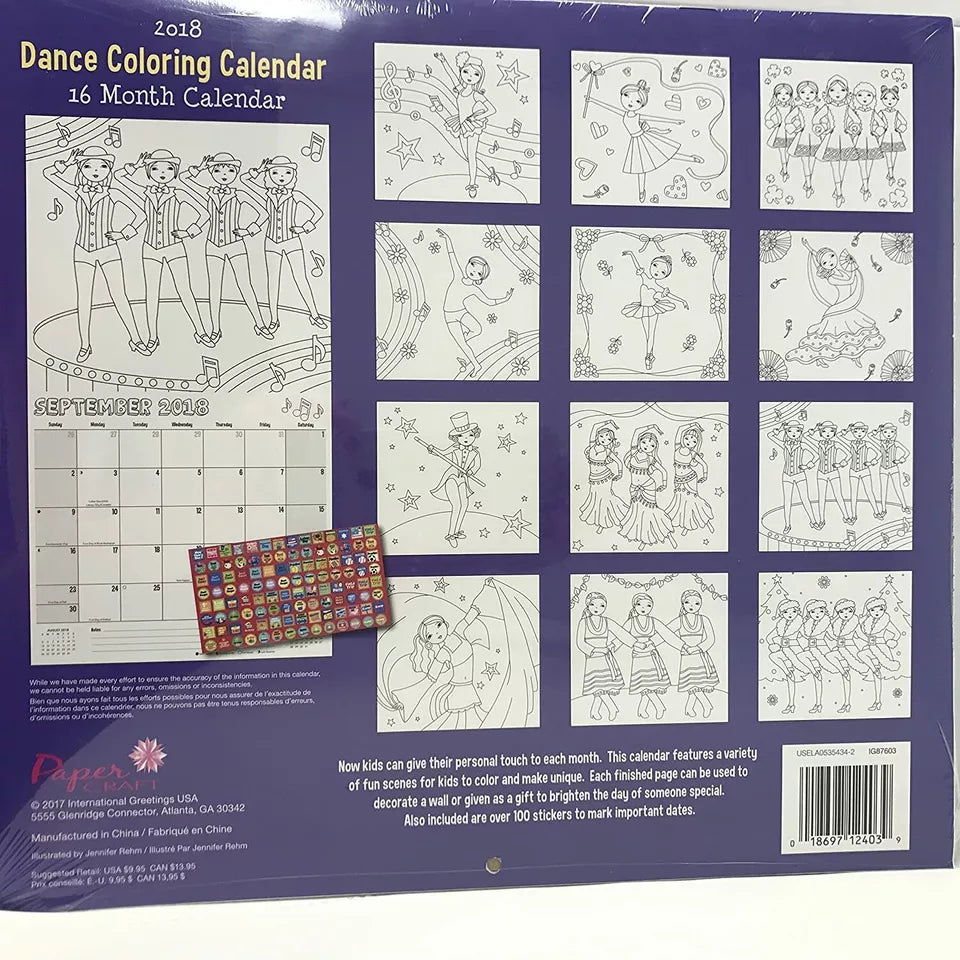 Dance Coloring 16 month 2018 Calendar 11" x 12"