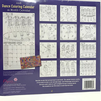 Dance Coloring 16 month 2018 Calendar 11" x 12"