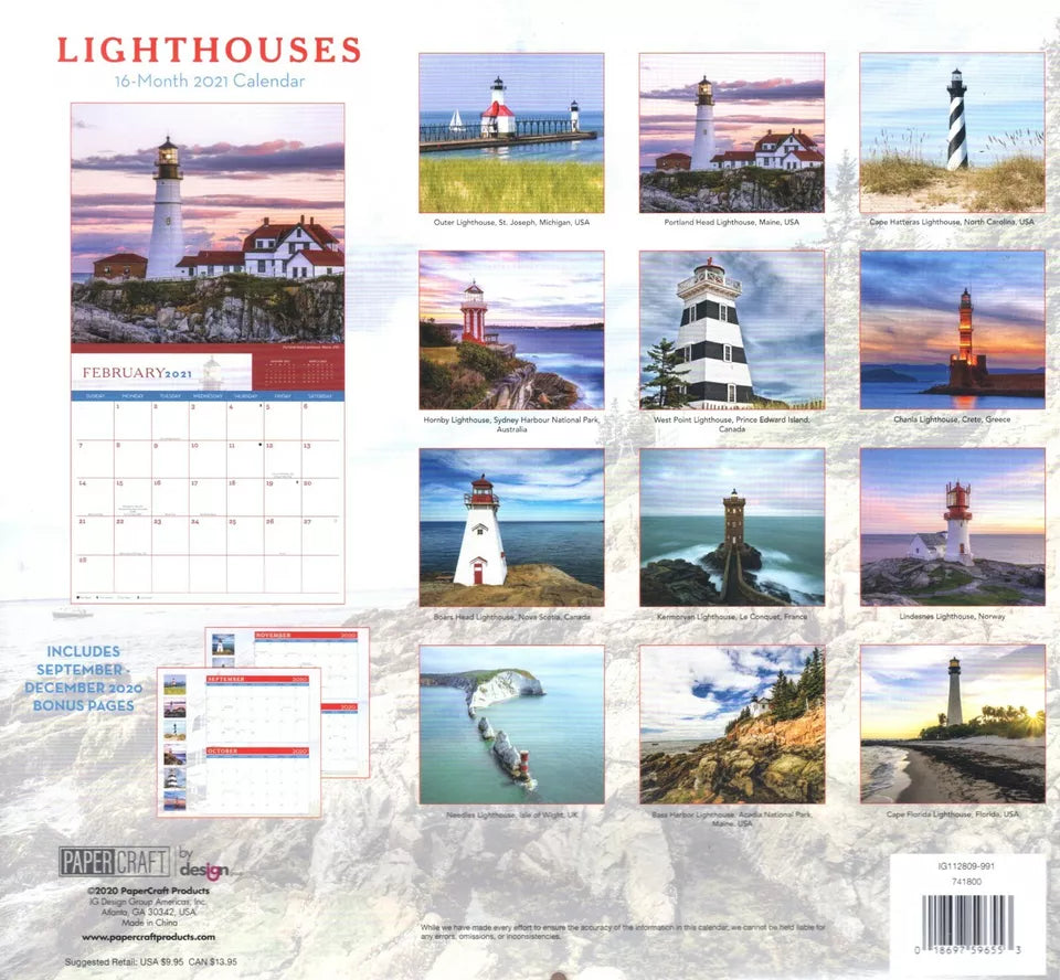 2021 16 Month Wall Calendar - Lighthouses - with 100 Reminder Stickers