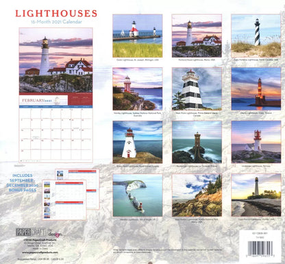 2021 16 Month Wall Calendar - Lighthouses - with 100 Reminder Stickers