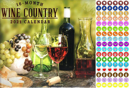 2021 16 Month Wall Calendar - Wine Country - with 100 Reminder Stickers