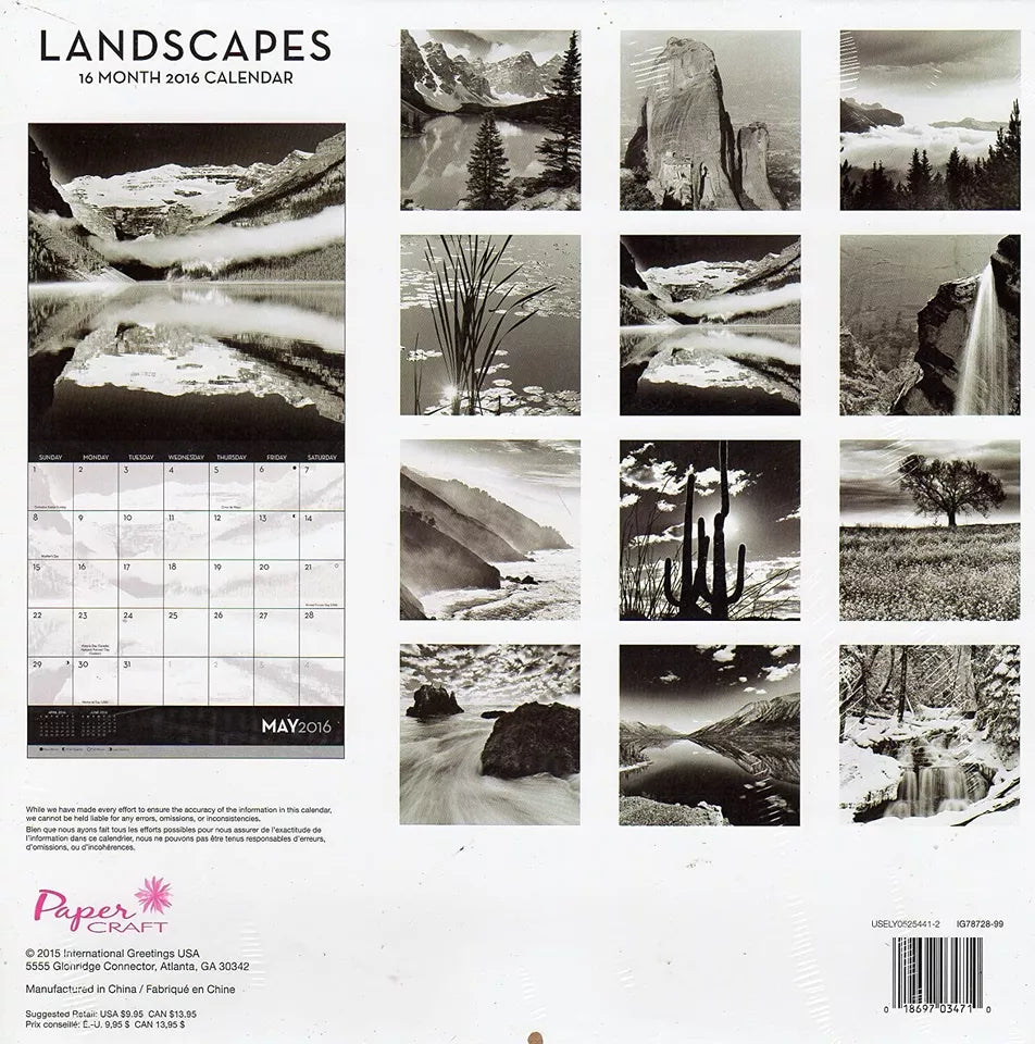 2016 Landscapes (Black & White) - 16 Month Wall Calendar