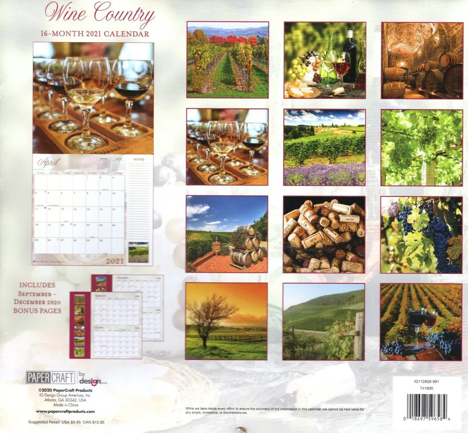 2021 16 Month Wall Calendar - Wine Country - with 100 Reminder Stickers