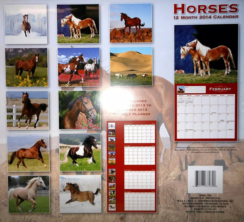 Horses - (12x11) 12 Month 2014 Wall Calendar + FREE 5"x6" mini Calendar