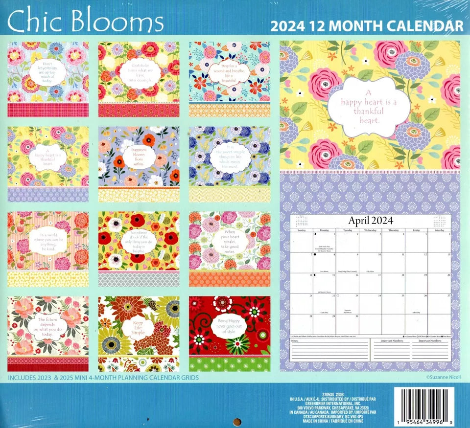Chic Blooms - 2024 12-Month Wall Calendar + Pocket Planner (Pack of 2)