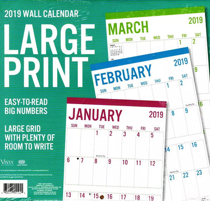 Vista Large Print - 12 Month 2019 Wall Calendar - Big Blocks Easy to Read + 120