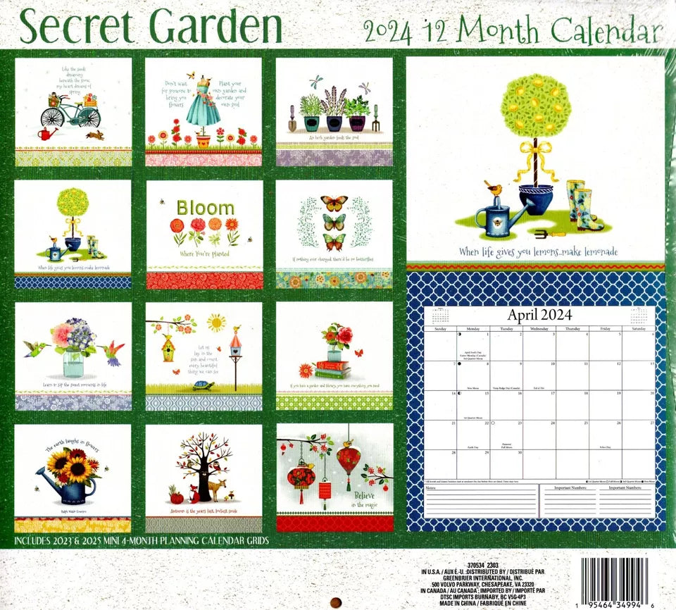 Secret Garden - 2024 12 Month Wall Calendar + Pocket Planner (Pack of 2)
