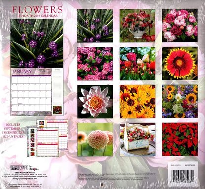 16 Month 2019 Wall Calendar - Flowers - with 120 Stickers