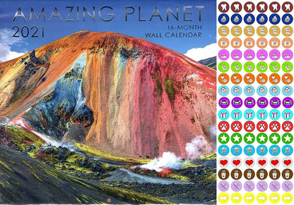 2021 16 Month Wall Calendar - Amazing Planet - with 100 Reminder Stickers