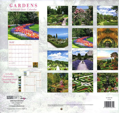 2021 16 Month Wall Calendar - Gardens - with 100 Reminder Stickers