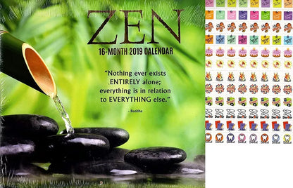 16 Month 2019 Wall Calendar - Zen - with 120 Stickers