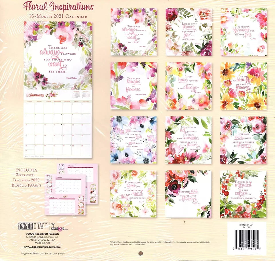 2021 16 Month Wall Calendar - Floral Inspirations - with 100 Reminder Stickers