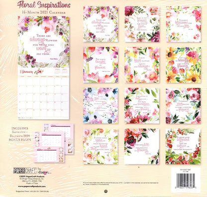 2021 16 Month Wall Calendar - Floral Inspirations - with 100 Reminder Stickers