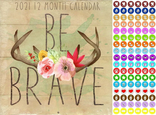 2021 12 Month Wall Calendar - Be Brave - with 100 Reminder Stickers