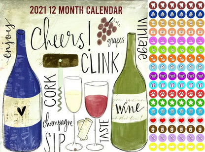 2021 12 Month Wall Calendar - Cheers, Enjoy, Wine - with 100 Reminder Stickers