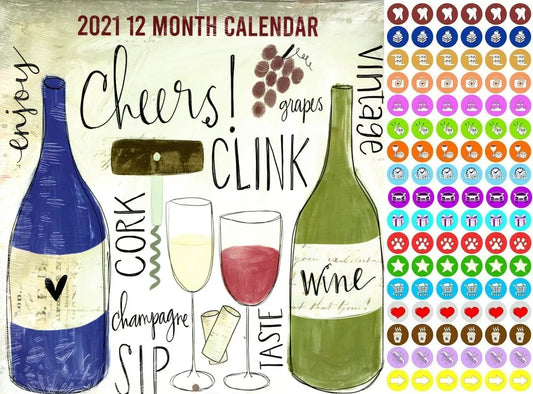 2021 12 Month Wall Calendar - Cheers, Enjoy, Wine - with 100 Reminder Stickers