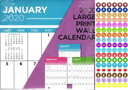 Large Print - 12 Month 2020 Wall Calendar - with 100 Reminder Stickers