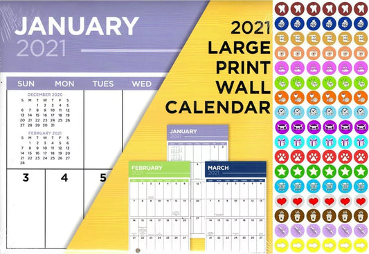 2021 16 Month Wall Calendar - Large Print Calendar - with 100 Reminder Stickers