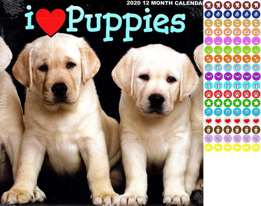 I Love Puppies - 12 Month 2020 Wall Calendar - with 100 Reminder Stickers