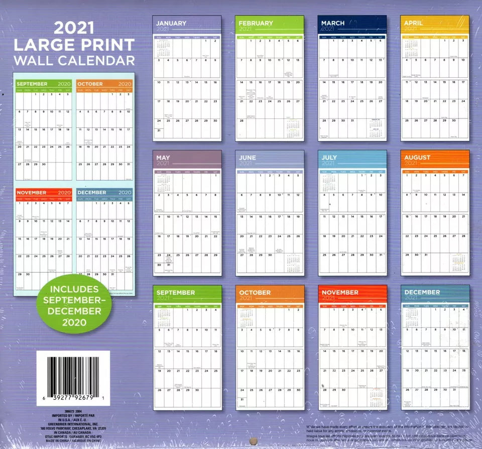 2021 16 Month Wall Calendar - Large Print Calendar - with 100 Reminder Stickers