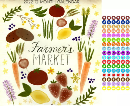 2022 12 Month Wall Calendar - Farmers Market - with 100 Reminder Stickers