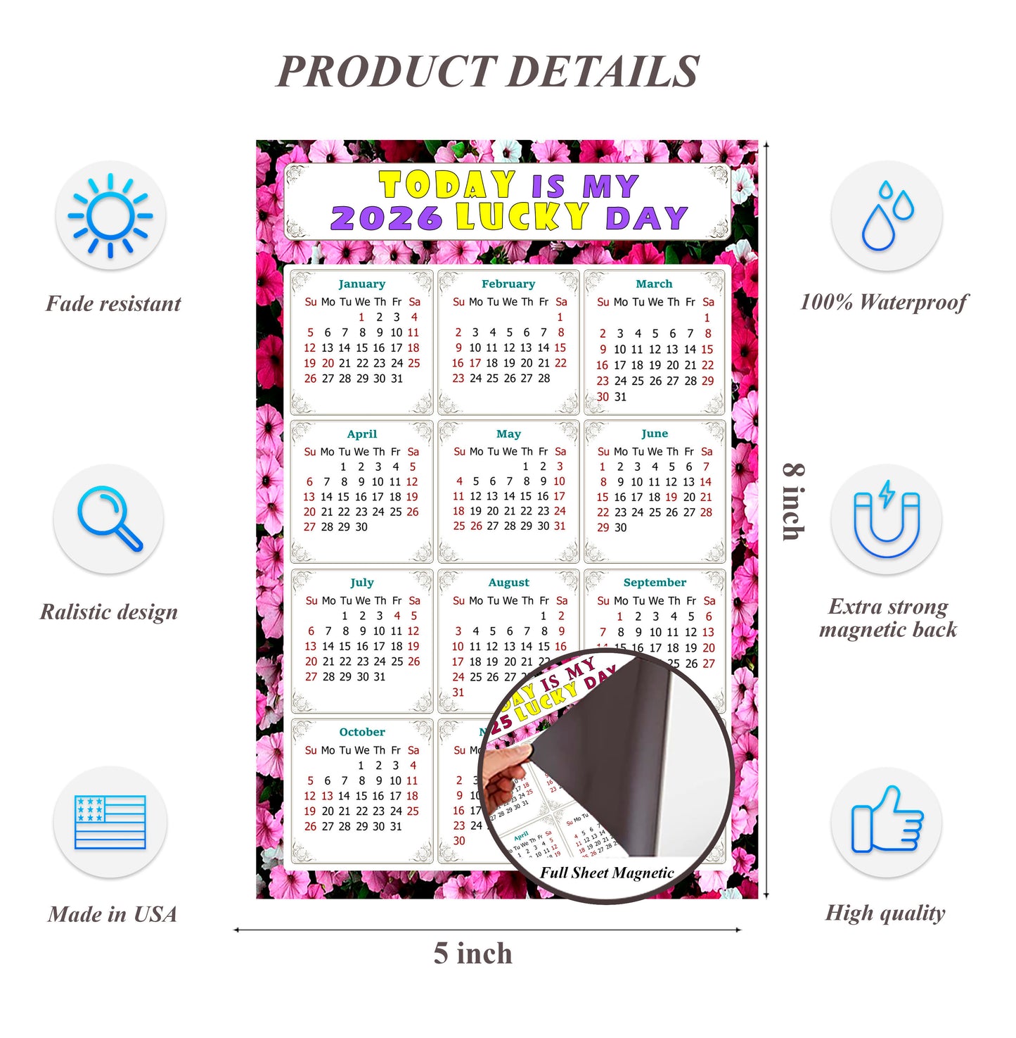 2026 Magnetic Calendar - Calendar Magnets - Today is my Lucky Day - (Fade, Tear, and Water Resistant) - Themed 027
