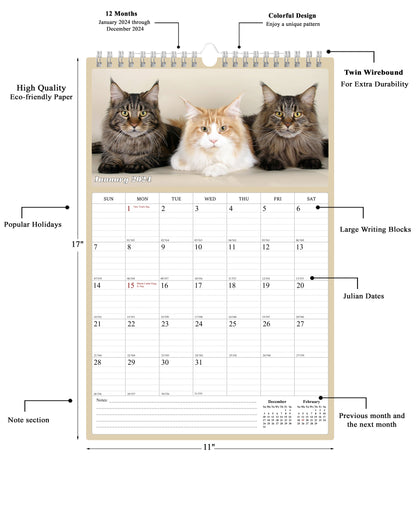 2024 Wall Calendar Spiral-bound Twin-Wire Binding - 12 Months (Cats)
