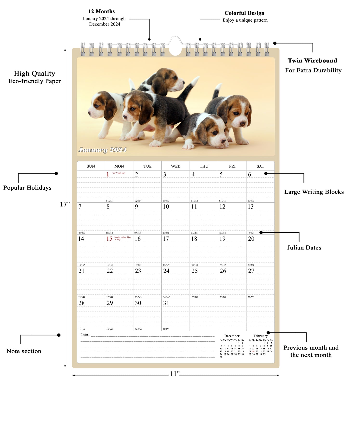 2024 Wall Calendar Spiral-bound Twin-Wire Binding - 12 Months (Dogs)