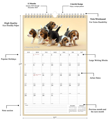 2024 Wall Calendar Spiral-bound Twin-Wire Binding - 12 Months (Dogs)