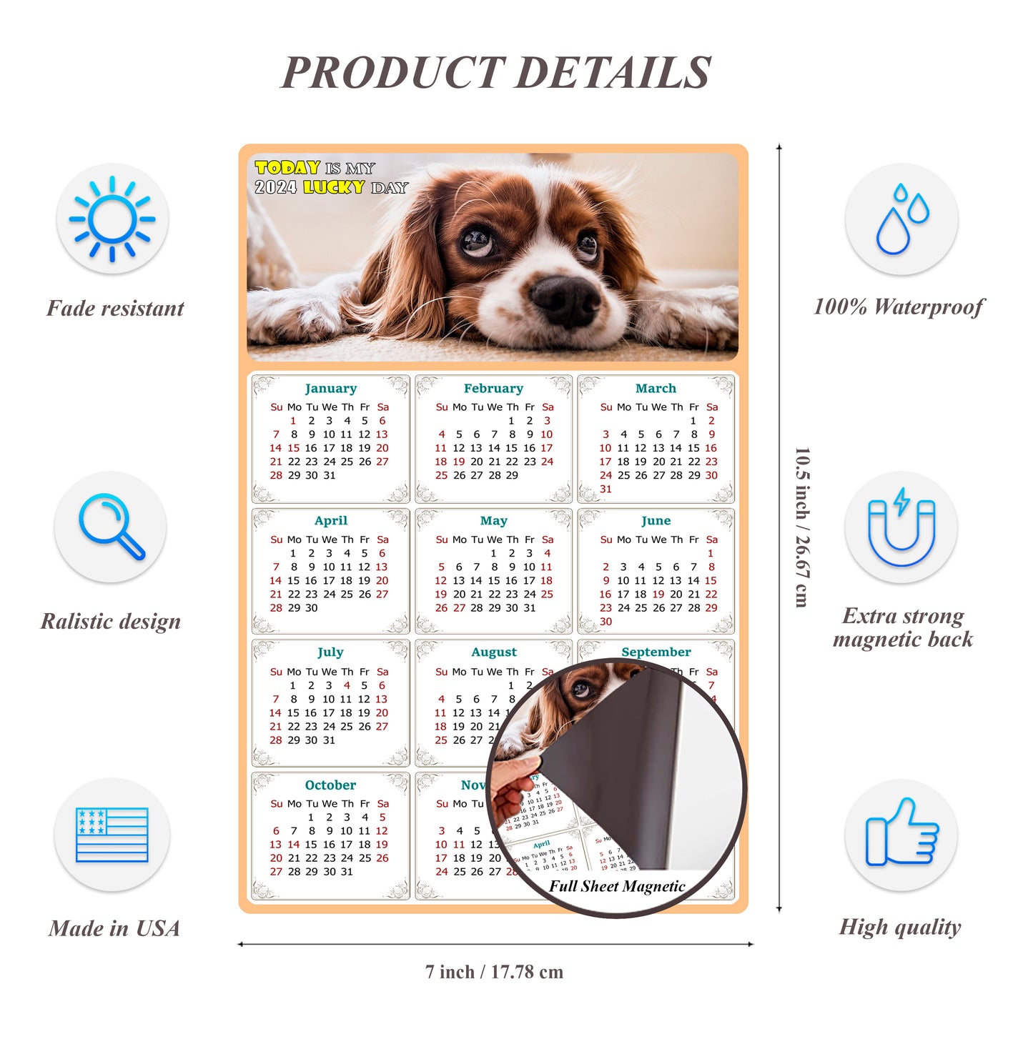 2024 Magnetic Calendar - Today is My Lucky Day (Fade, Tear, and Water Resistant)- Dogs Themed 01
